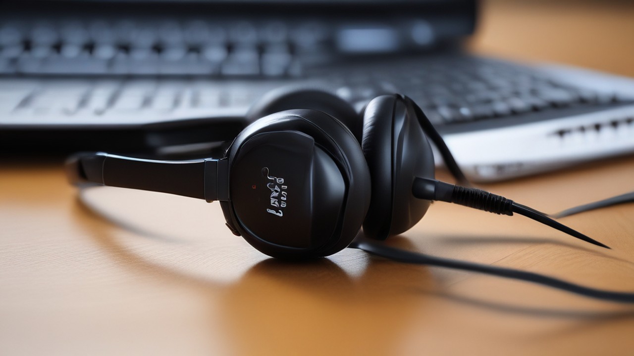 Headphones beside a laptop keyboard for business calls.