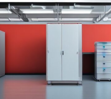 Equipment cabinets and a workstation in a shared business office 