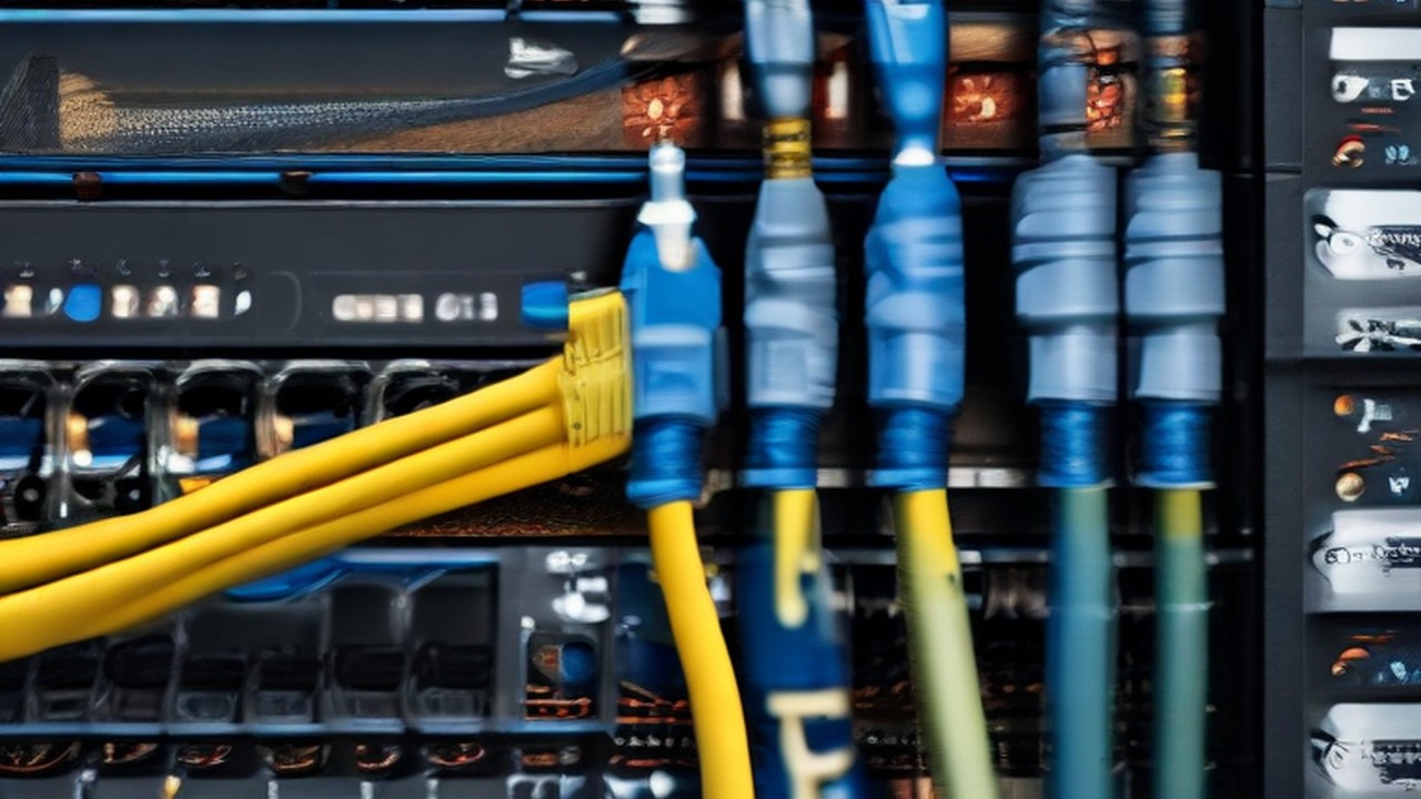 Network cables connected to equipment inside a server rack.
