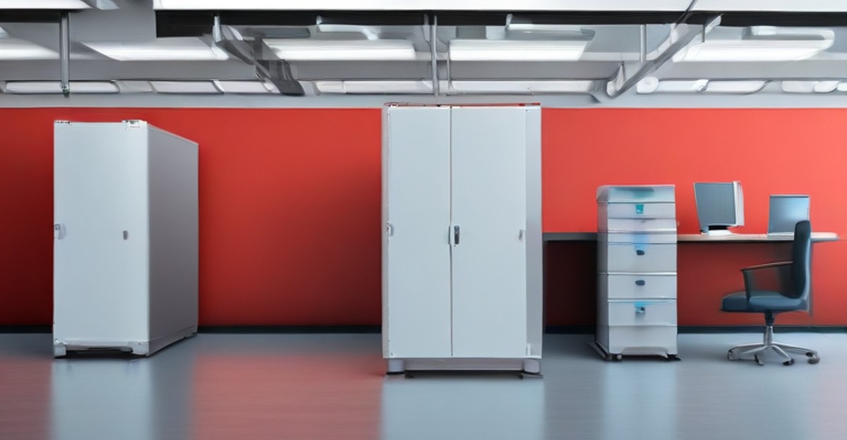 Equipment cabinets and a workstation in a shared business office 