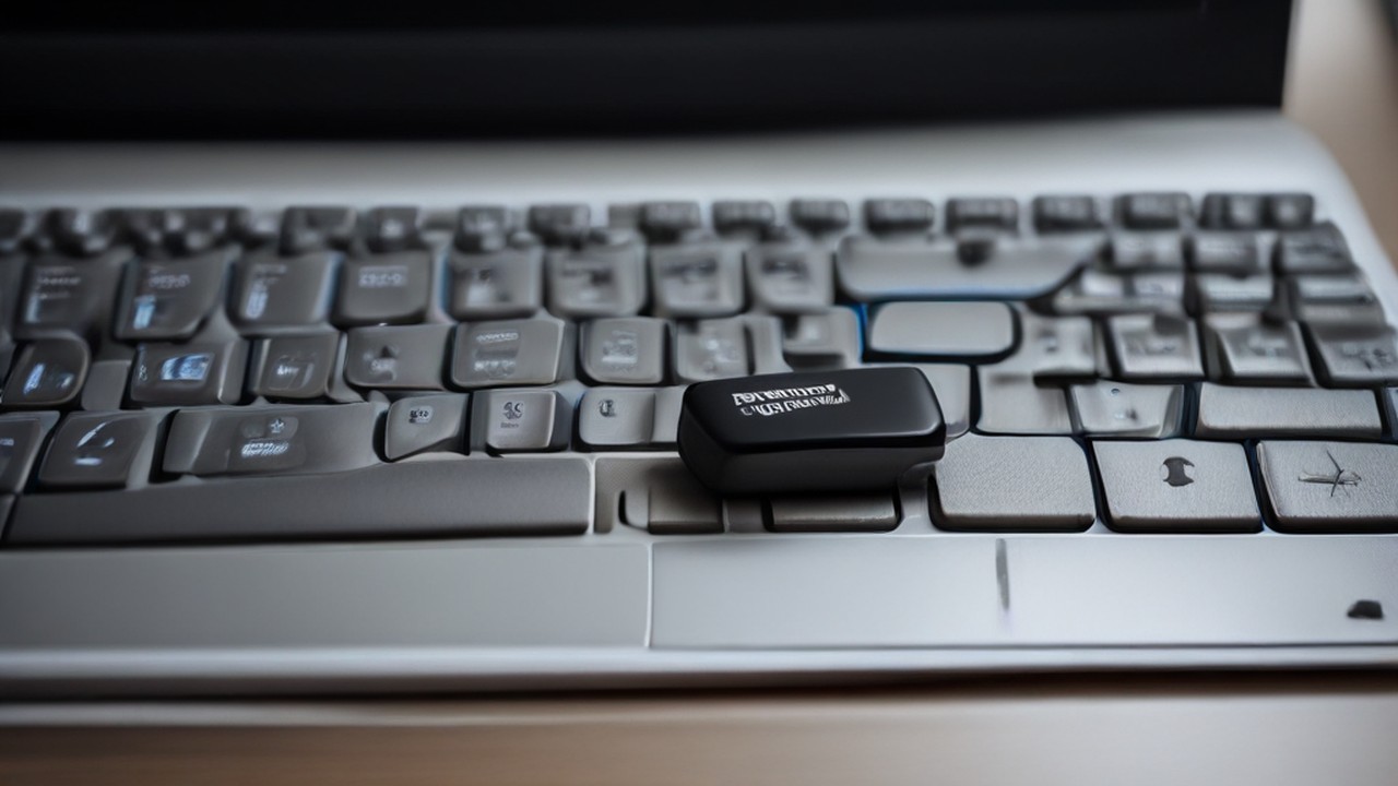 USB device beside a laptop keyboard, illustrating secure access.