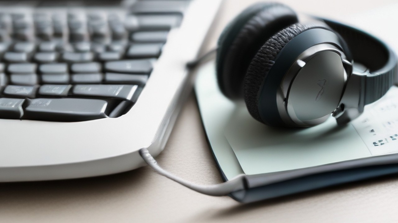Headphones beside a laptop keyboard and a planning notebook.