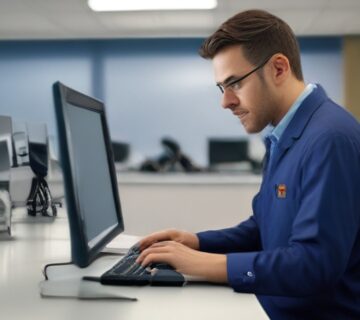 A technician servicing a laptop at an office workstation, illustrating server reliability   ECASYS, Southern California