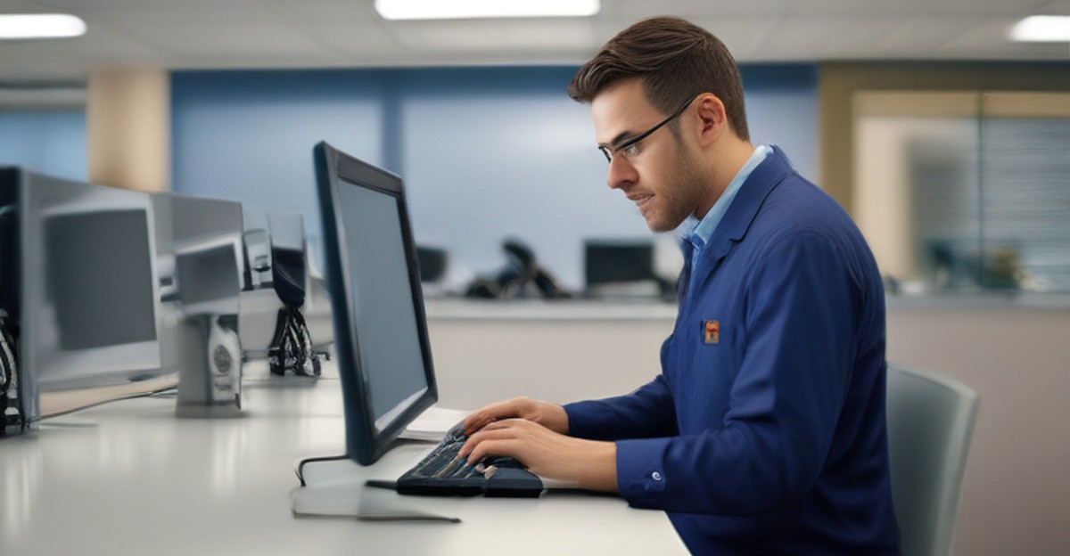 A technician servicing a laptop at an office workstation, illustrating server reliability   ECASYS, Southern California