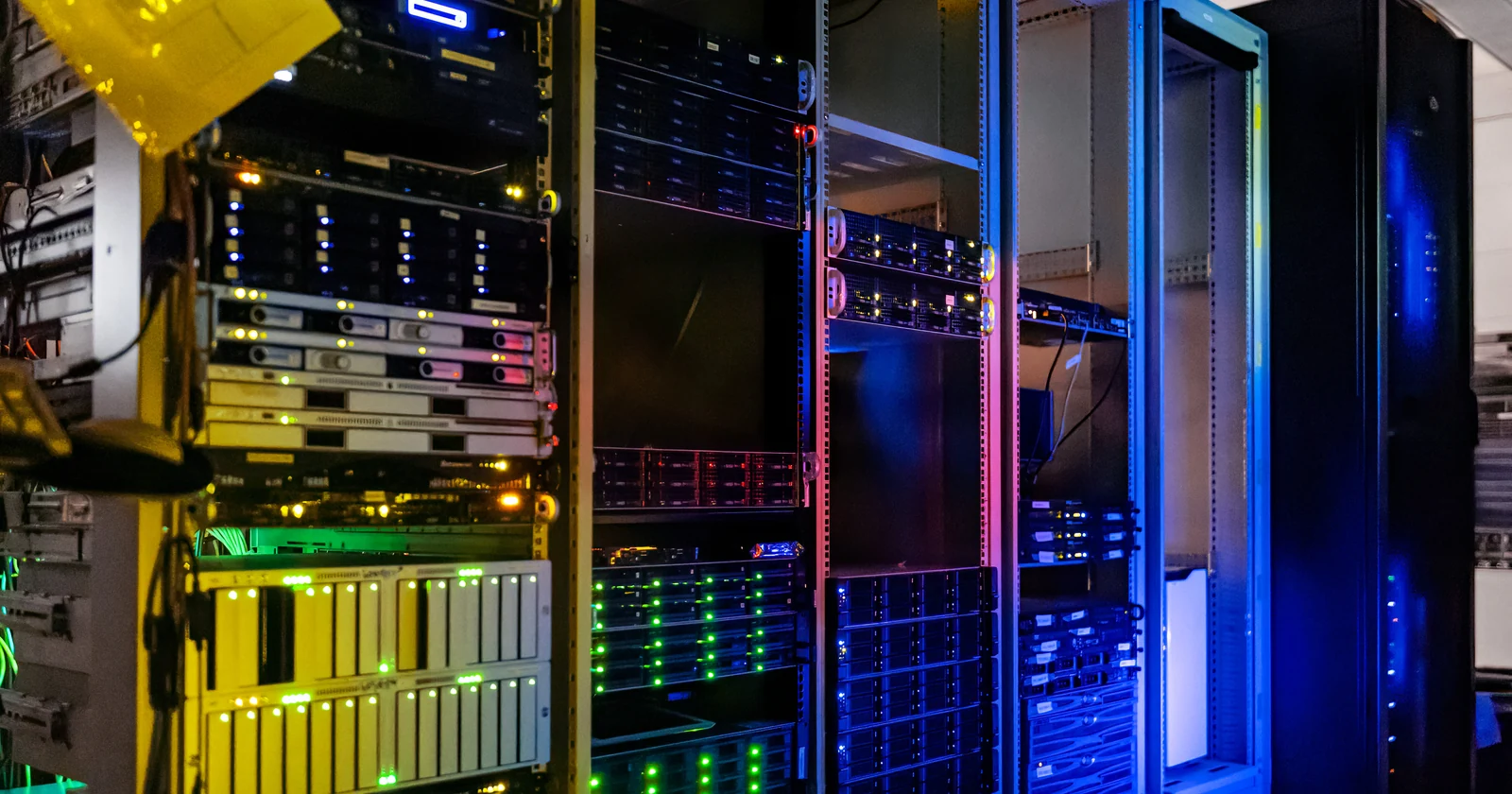 Server cabinets with status lights and network equipment