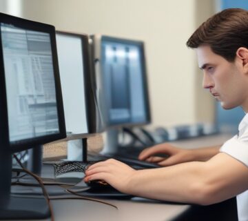 A technician servicing a laptop at an office workstation, illustrating support coverage   ECASYS, Southern California