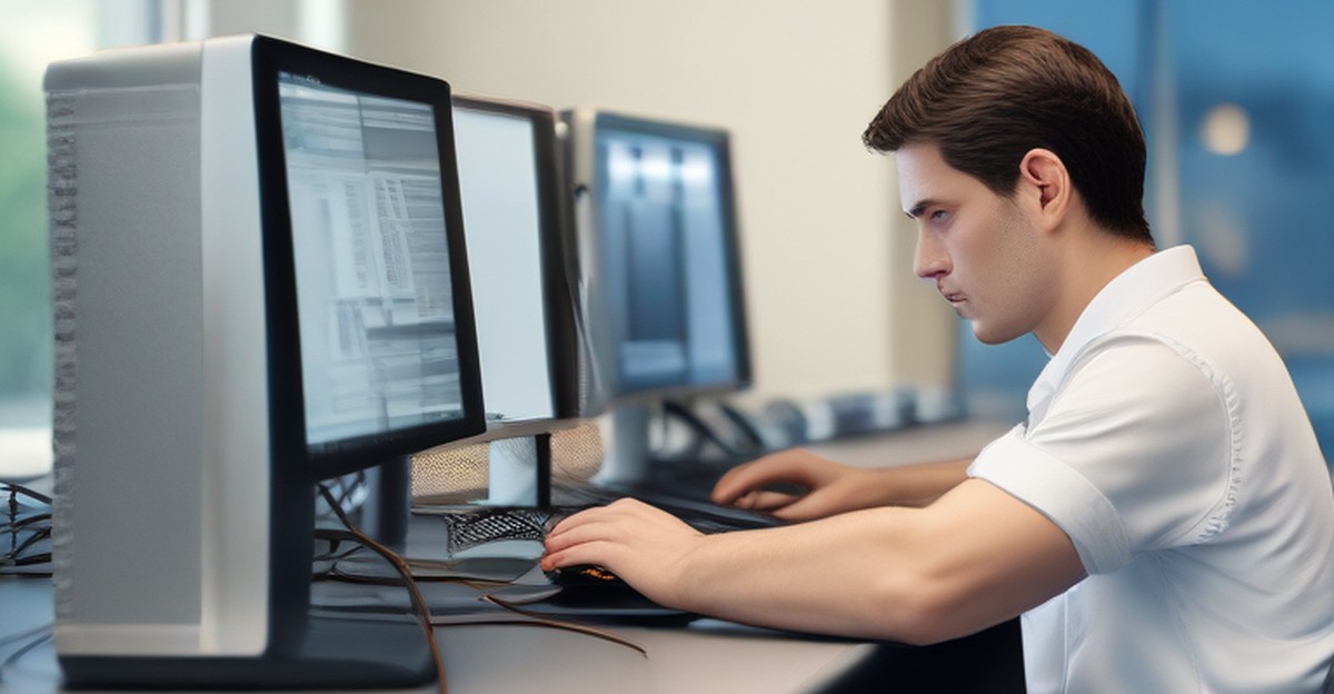A technician servicing a laptop at an office workstation, illustrating support coverage   ECASYS, Southern California