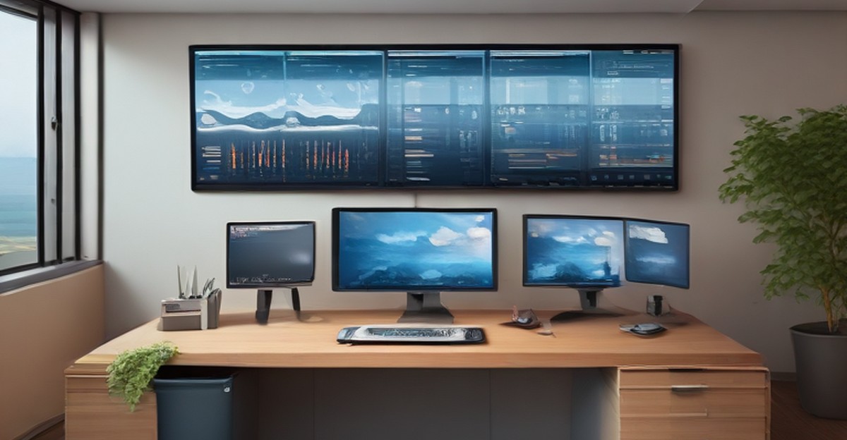 An it operations desk with muted monitoring screens and an uninterrupted office, illustrating downtime prevention   ECASYS, Southern California