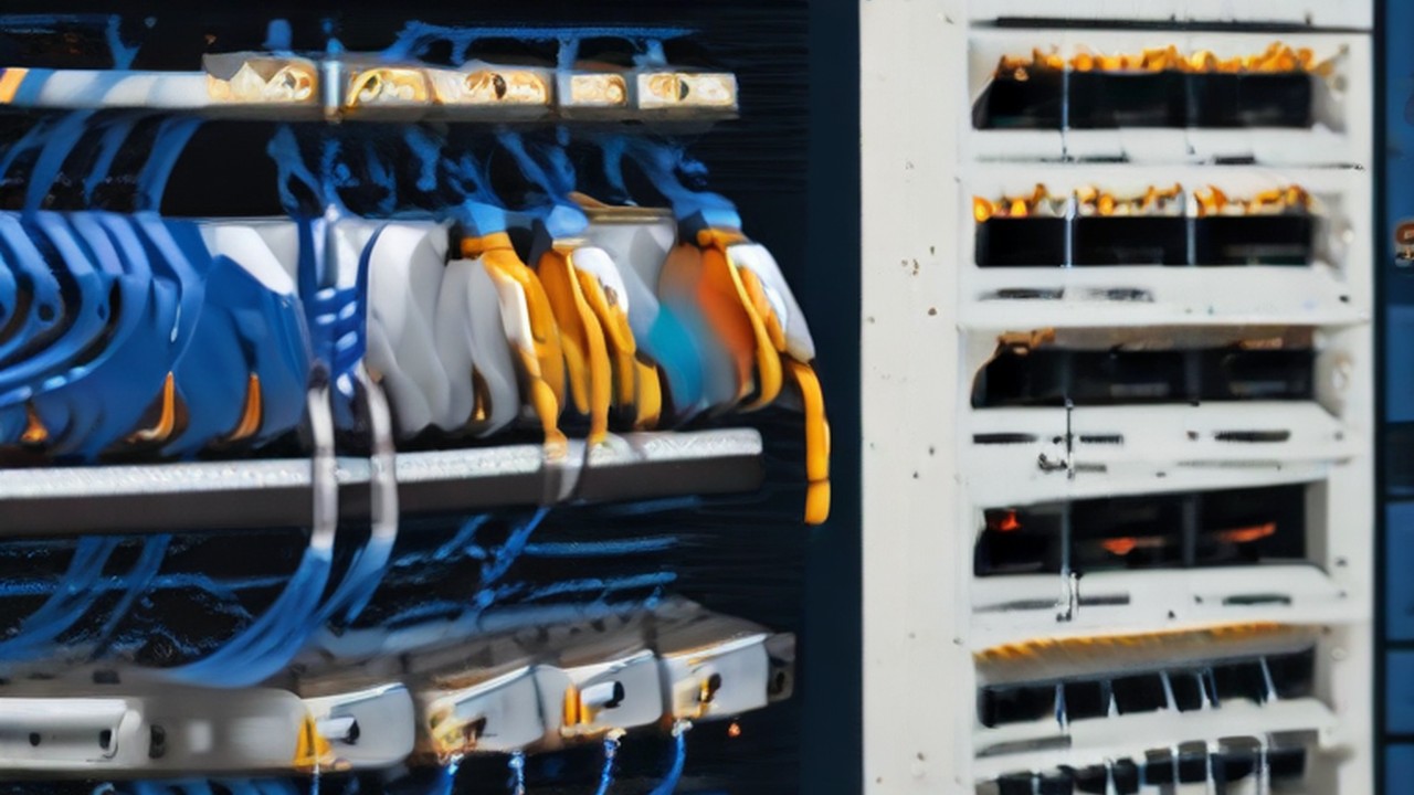 A fibre jumper being seated into a network patch panel port, illustrating support coverage - ECASYS, Southern California