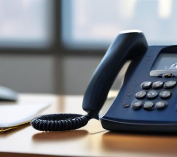 A VOIP desk phone and headset on an office desk, illustrating support coverage   ECASYS, Southern California