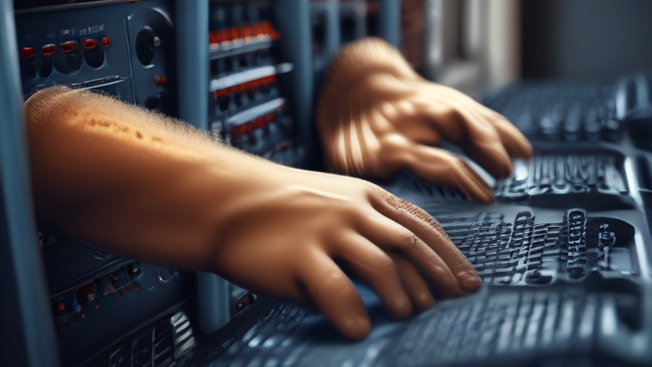 Gloved hands seating a drive into a server chassis, illustrating server reliability - ECASYS, Southern California