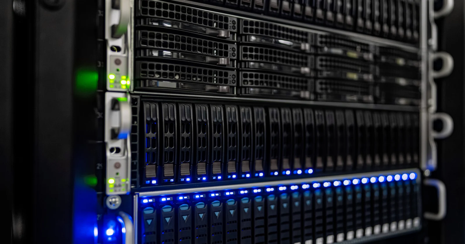 Close up of server drive bays and operating status lights