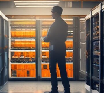 A tidy server rack with a technician checking a drive tray, illustrating infrastructure refresh   ECASYS, Southern California