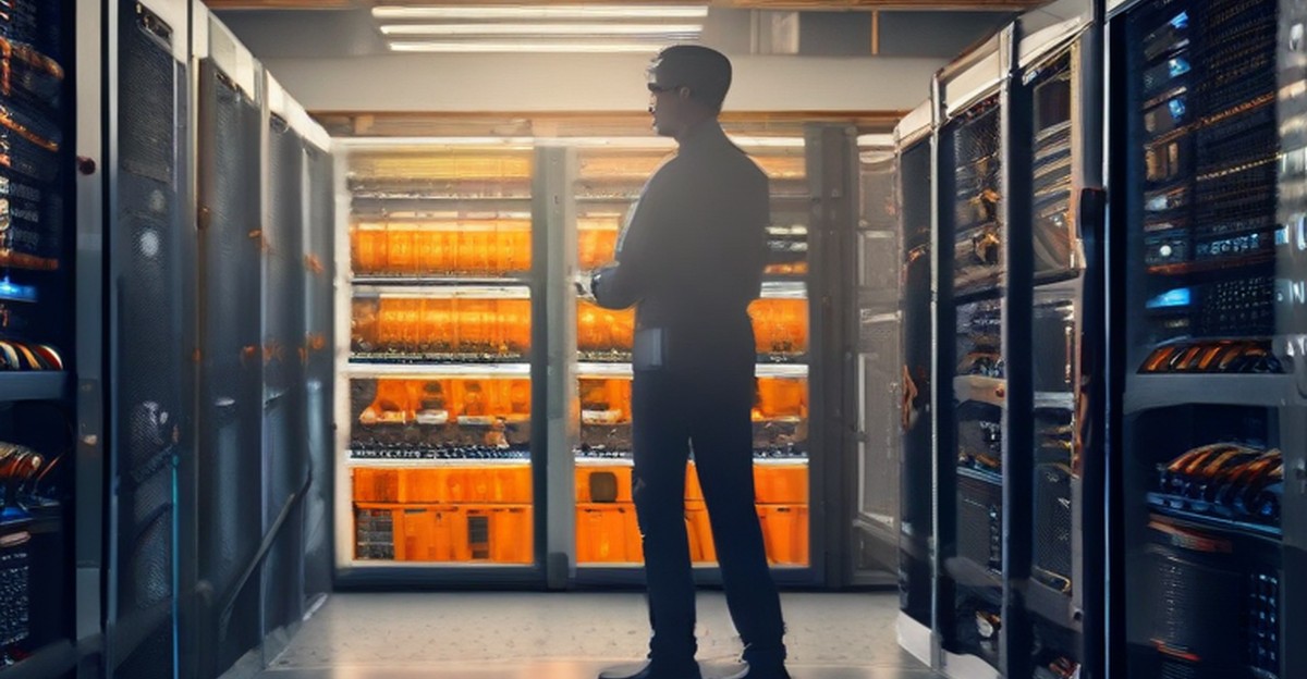 A tidy server rack with a technician checking a drive tray, illustrating infrastructure refresh   ECASYS, Southern California