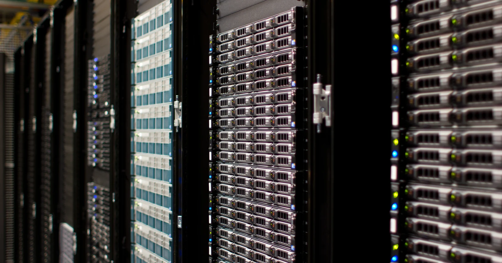 Front panels of rack mounted servers in a data center