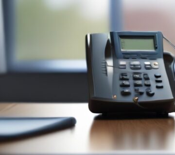 A VOIP desk phone and headset on an office desk, illustrating server reliability   ECASYS, Southern California