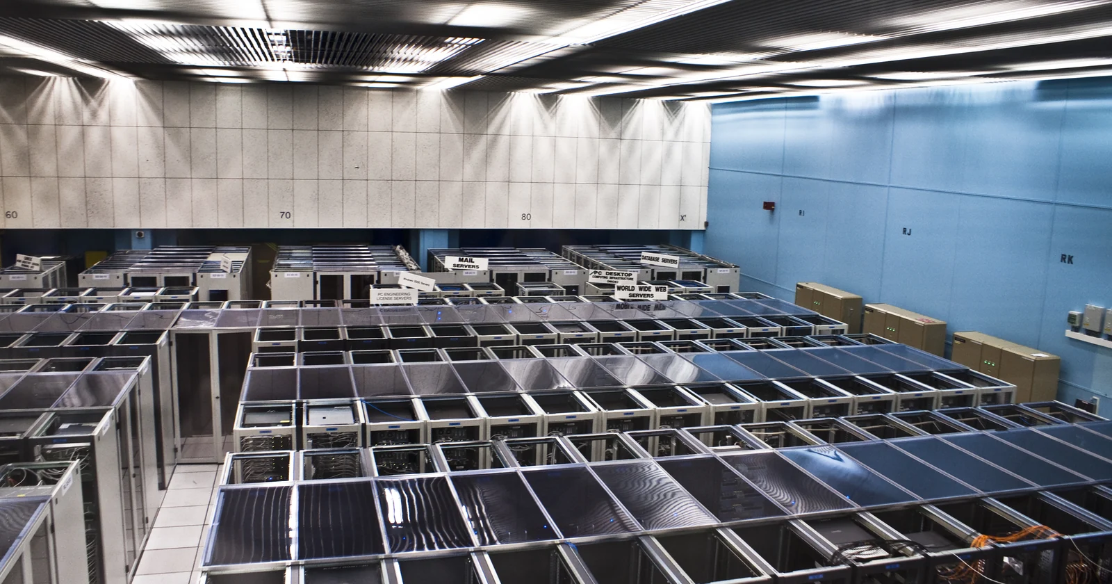 Rows of computing racks in a large data center
