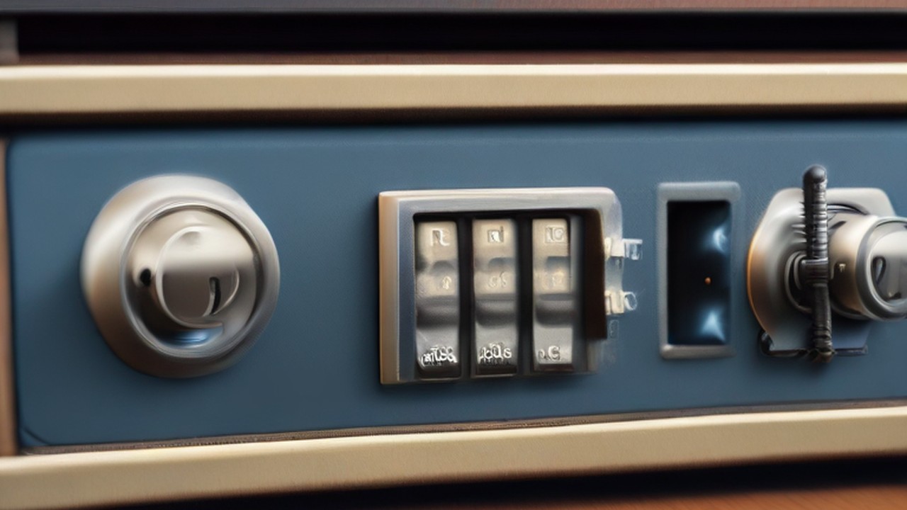 A hardware security key beside a locked network cabinet and desk phone, illustrating phone system reliability - ECASYS, Southern California