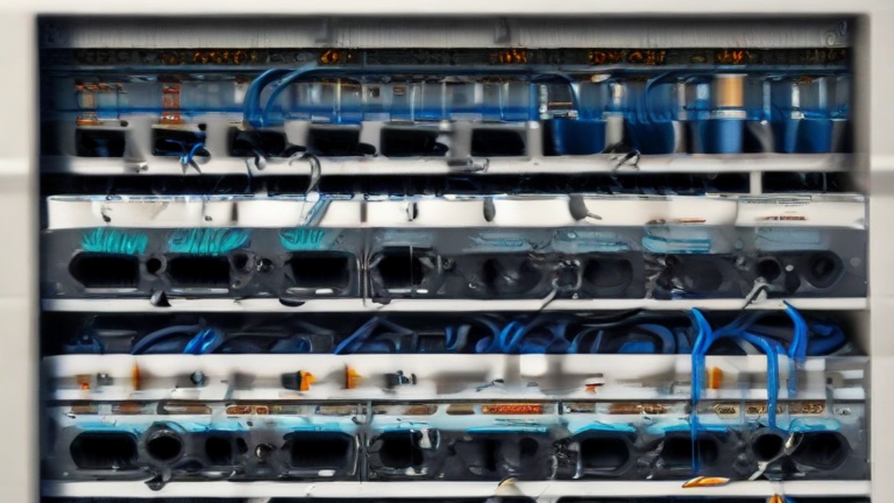 A fibre jumper being seated into a network patch panel port, illustrating phone system reliability - ECASYS, Southern California