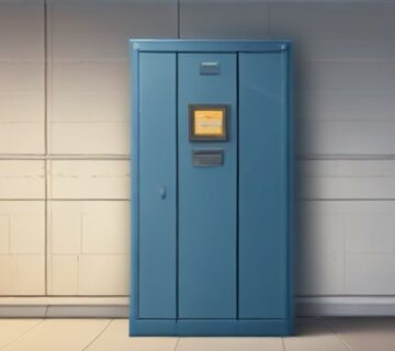 A locked network cabinet and badge reader in a quiet utility room, illustrating 24 7 monitoring   ECASYS, Southern California