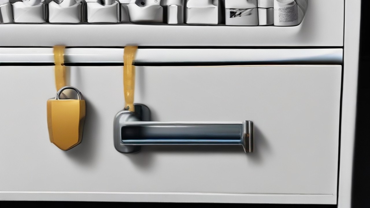 A security key beside a locked cabinet and laptop, illustrating 24-7 monitoring - ECASYS, Southern California