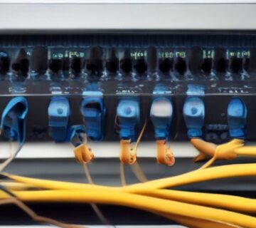 A wall mounted network demarcation panel with neatly terminated cabling, illustrating 24 7 monitoring ECASYS, Southern California