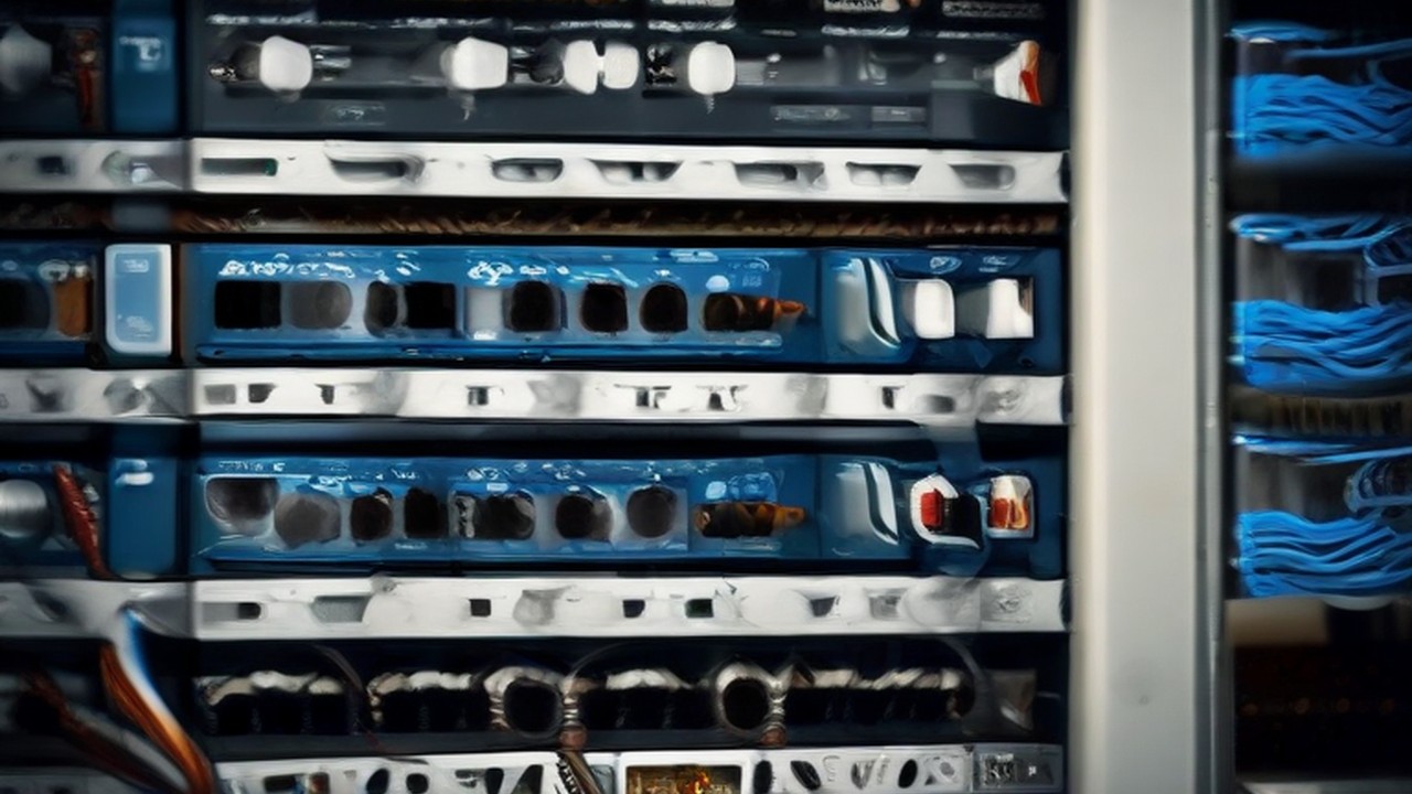 A fibre jumper being seated into a network patch panel port, illustrating 24-7 monitoring - ECASYS, Southern California