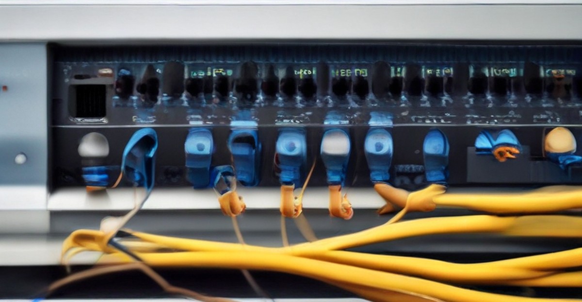 A wall mounted network demarcation panel with neatly terminated cabling, illustrating 24 7 monitoring   ECASYS, Southern California