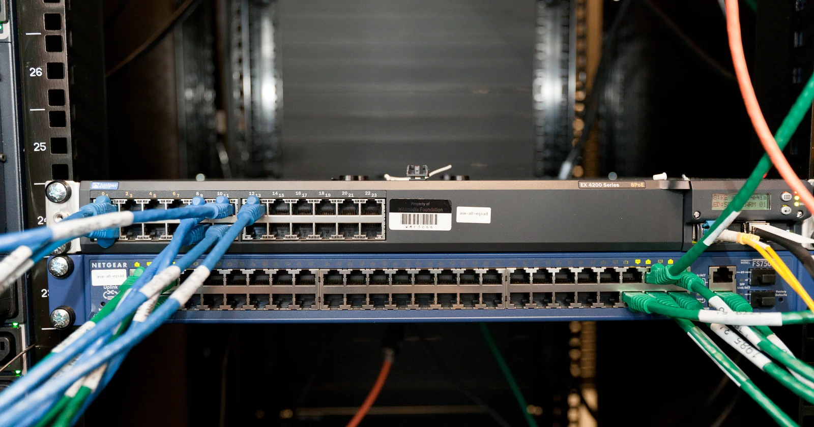 Network switches and cables in a server rack