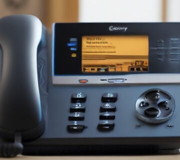 A VOIP desk phone and headset on an office desk, illustrating 24 7 monitoring   ECASYS, Southern California