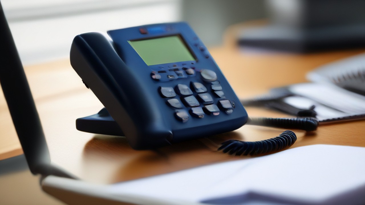 A VOIP desk phone handset showing a steady line-status indicator, illustrating 24-7 monitoring - ECASYS, Southern California