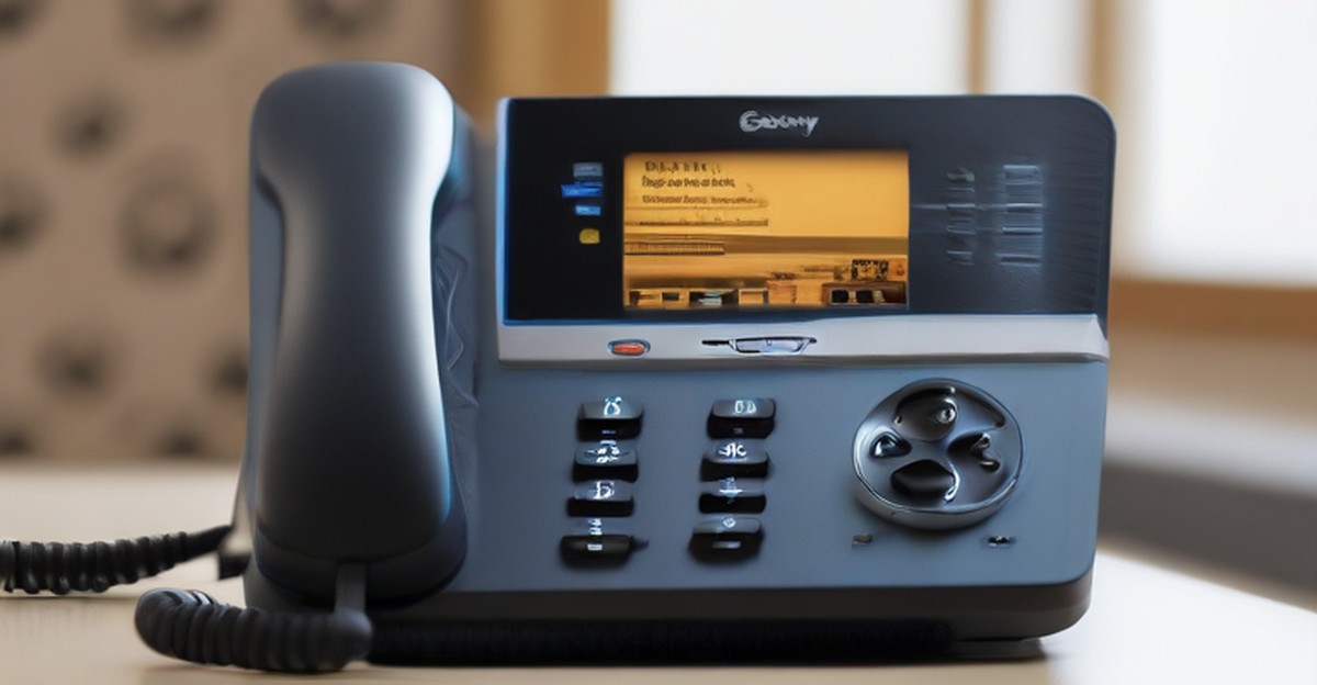 A VOIP desk phone and headset on an office desk, illustrating 24 7 monitoring   ECASYS, Southern California
