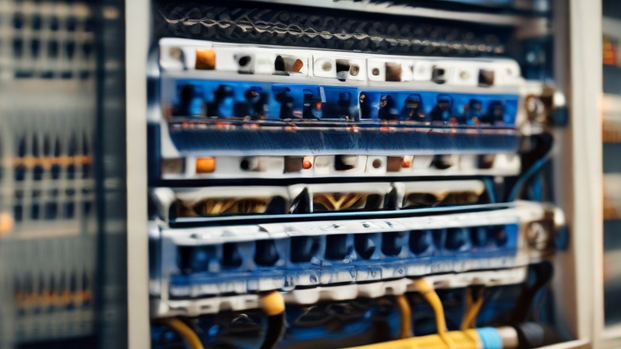 A fibre jumper being seated into a network patch panel port, illustrating security priorities - ECASYS, Southern California