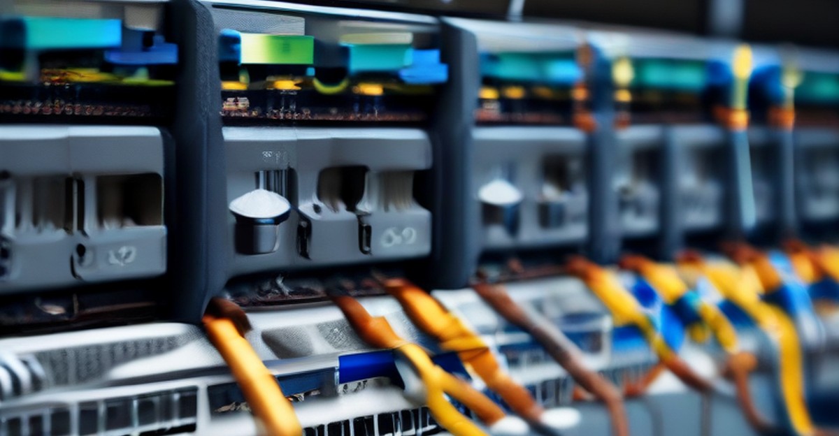 A wall mounted network demarcation panel with neatly terminated cabling, illustrating security priorities   ECASYS, Southern California