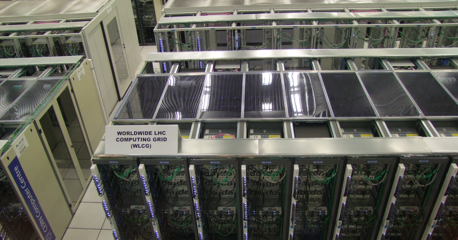 Rows of computing racks in a server facility