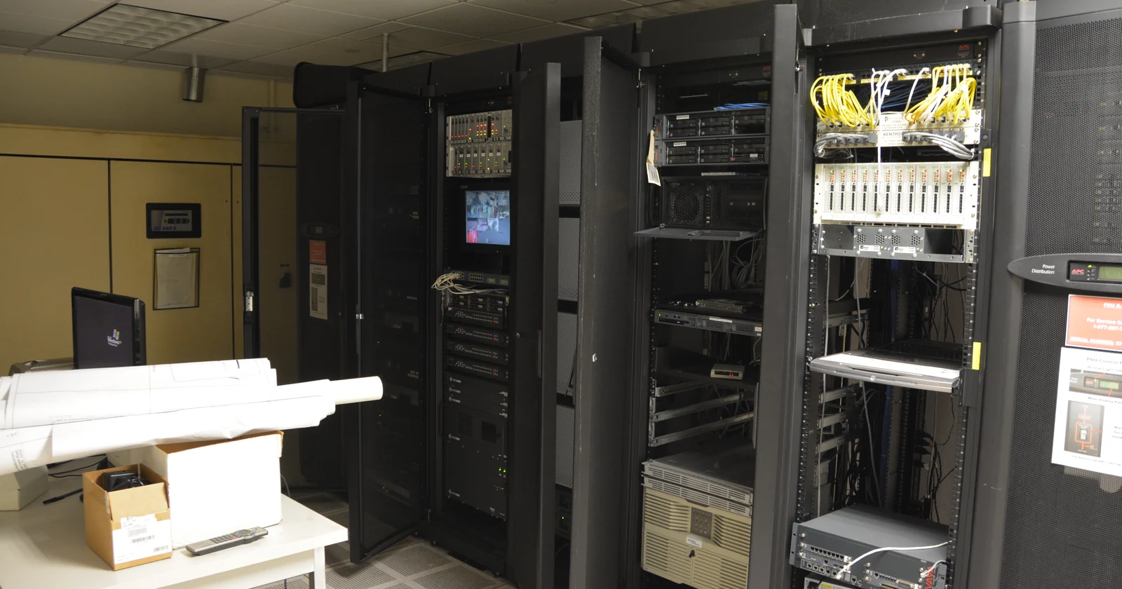 Server cabinets and equipment inside a dedicated server room