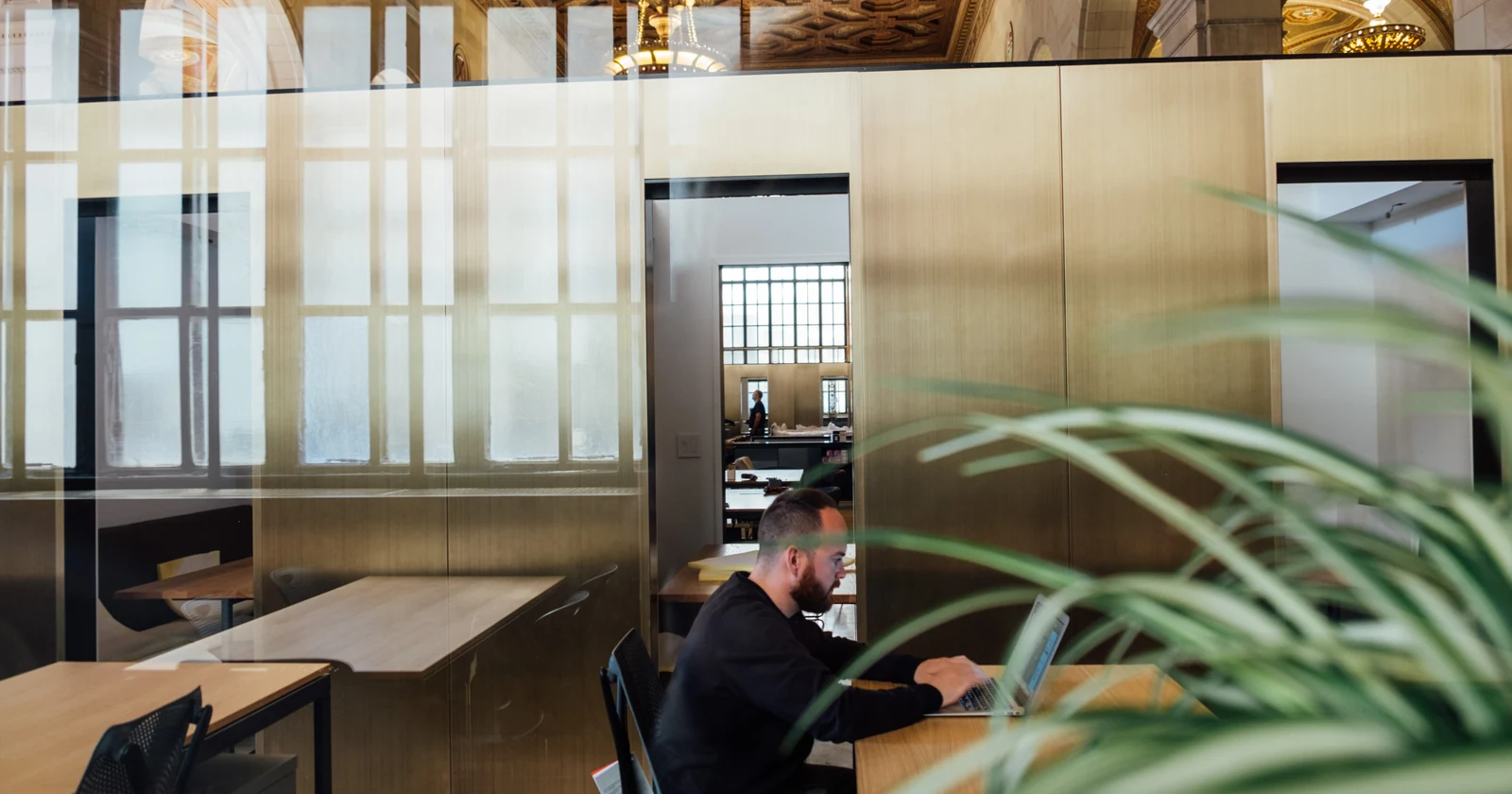 People working in a shared office space