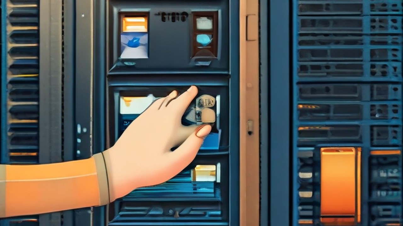 A labelled backup drive and network connection being checked at a storage rack, illustrating branch connectivity - ECASYS, Southern California