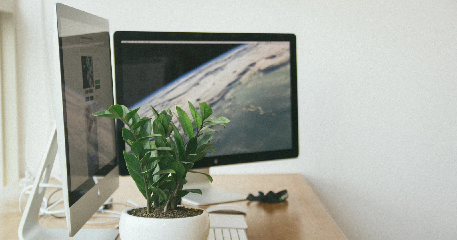 Computer monitors on a bright office desk